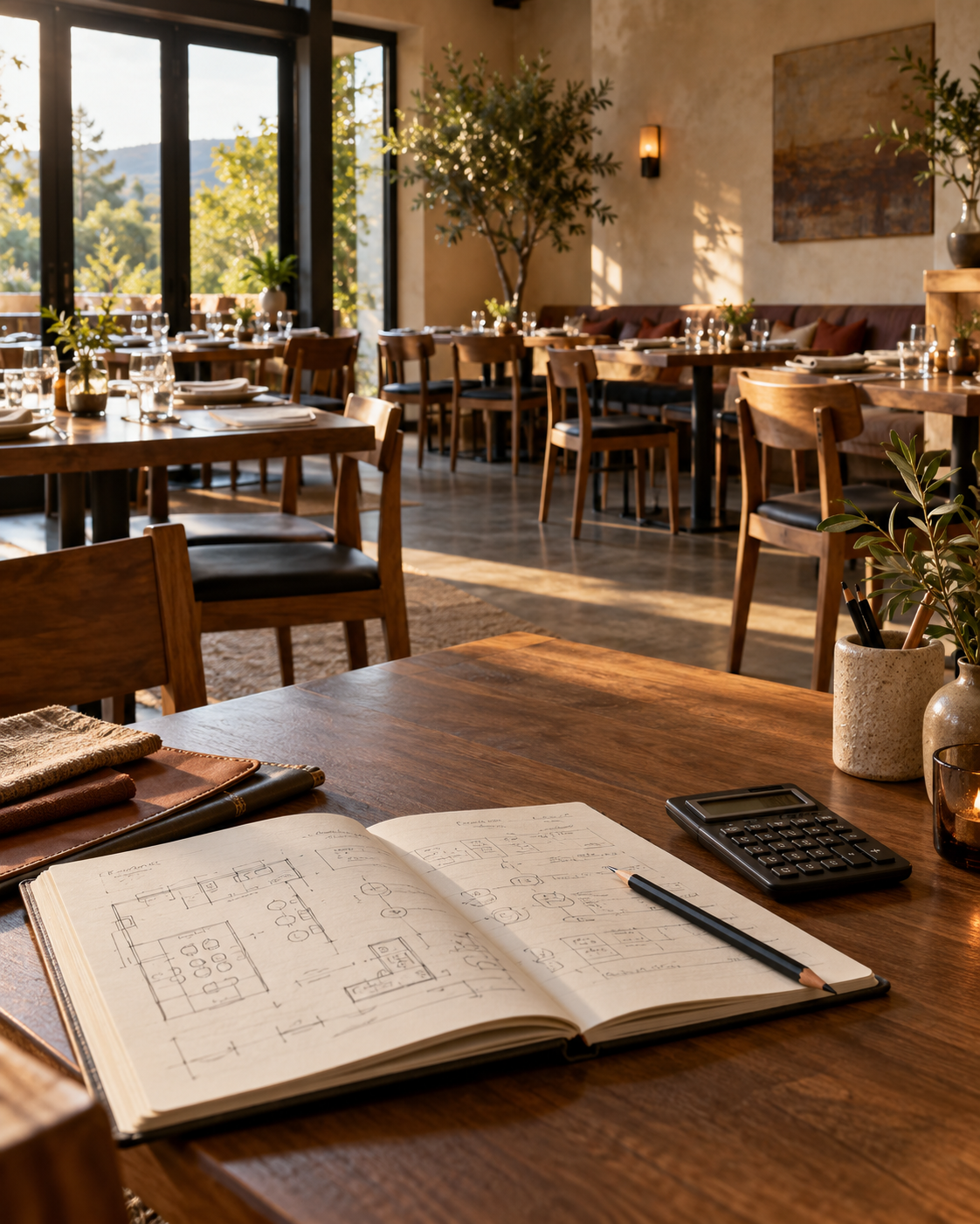 Open notebook and calculator on a wooden table inside a sunlit restaurant dining room